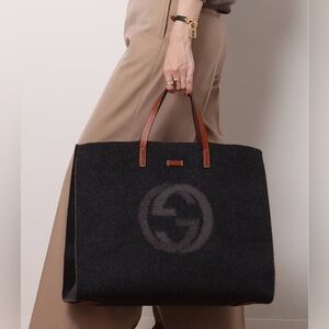 Auth Gucci Logo GG Leather Wool Felt Tote Bag